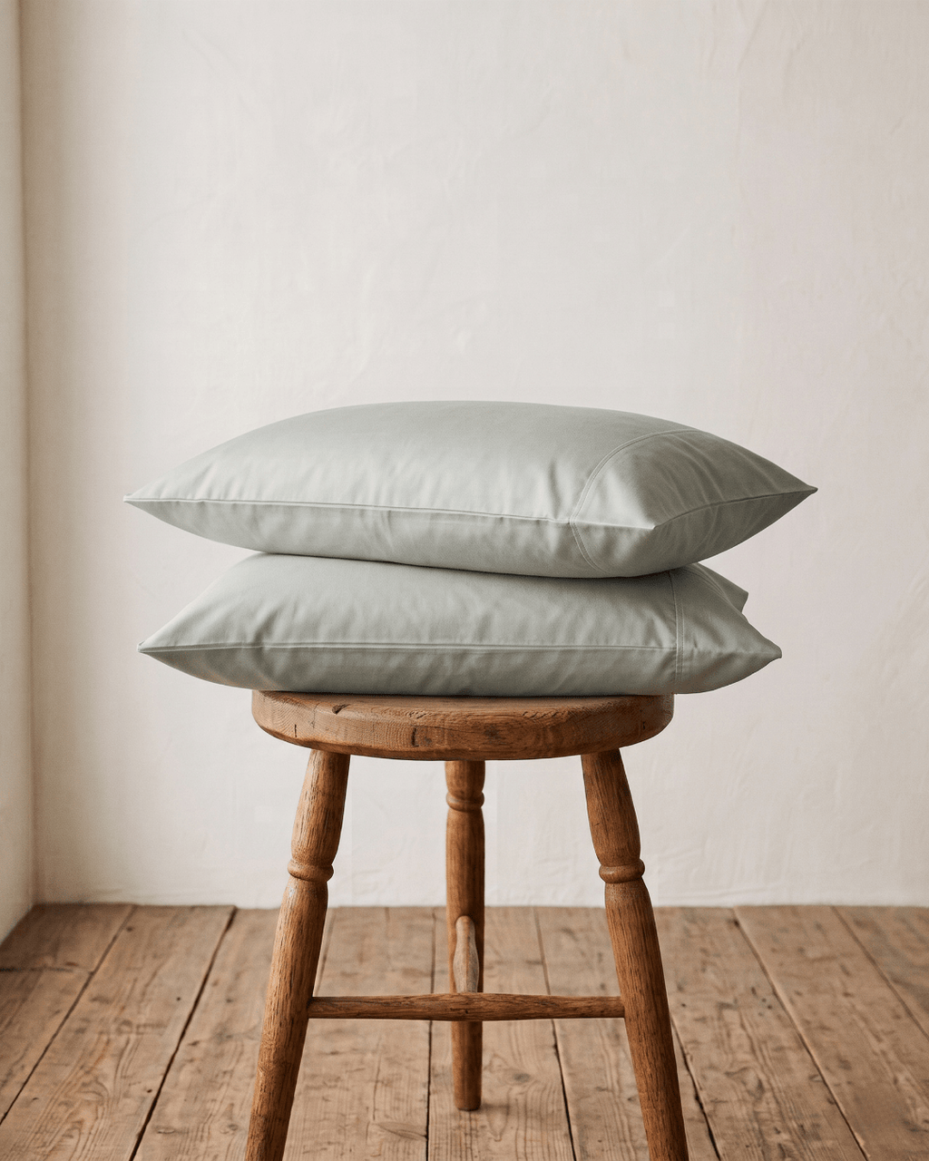 Two RUIE percale pillowcases in sage on a wooden stool