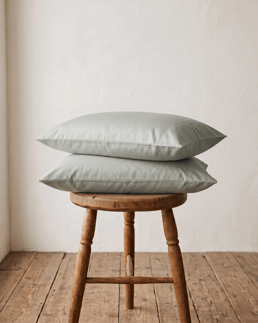 Two RUIE percale pillowcases in sage on a wooden stool